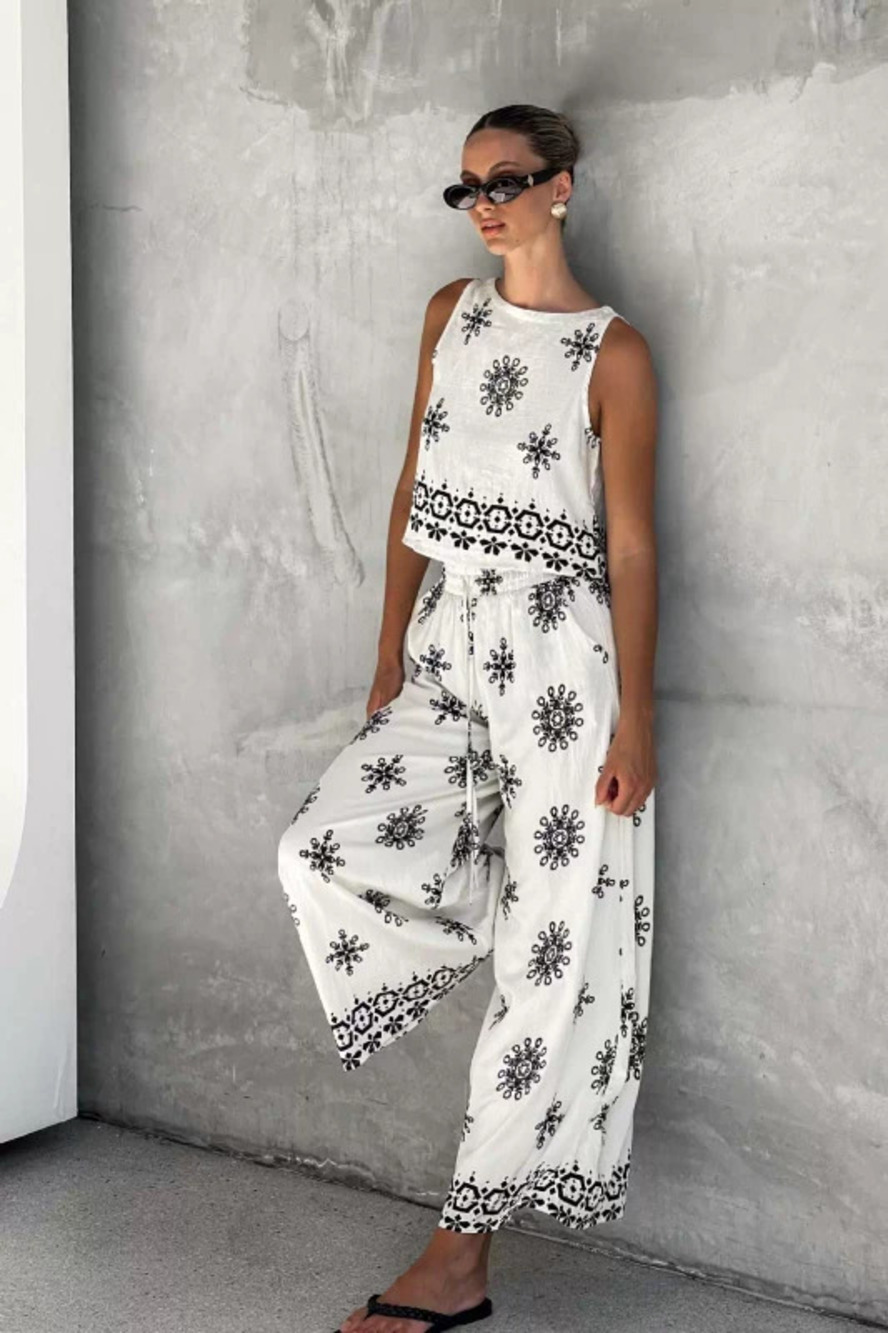 ZARA New Fashion Casual Sexy Linen Vest Wide Leg Pants Set